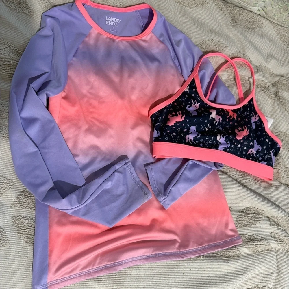 Lands end kids swimsuit Girls Size 12 swimsuit top unicorn W/ Size 10 swim shirt